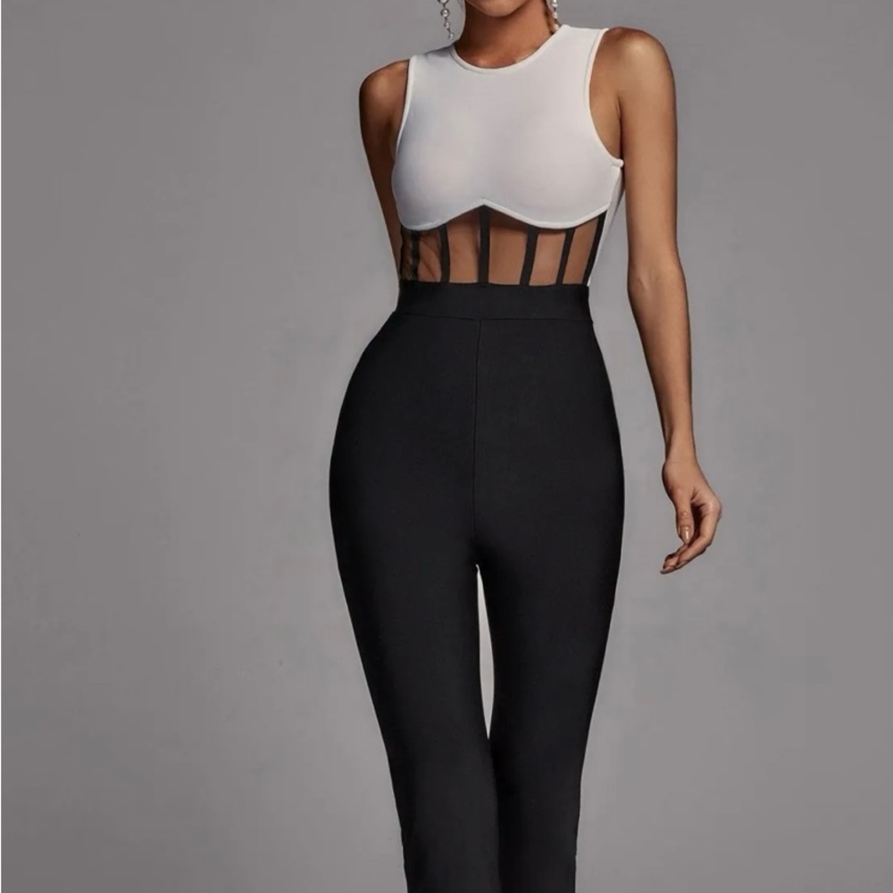 Bella Barnett Allegra White & Black Mesh jumpsuit